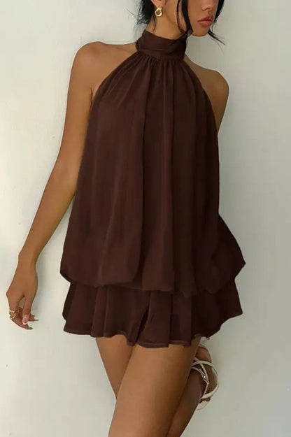 Fashionable Chiffon Halter Neck Backless Lace-up Casual Vacation Mini Dress