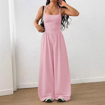 Backless Halter Ruched High Waist Wide Leg Jumpsuit