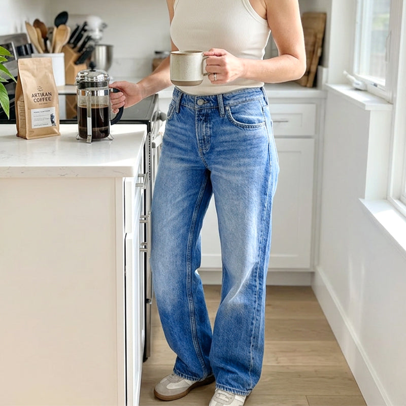👖Mühelos schicke, locker sitzende Jeans mit weitem Bein