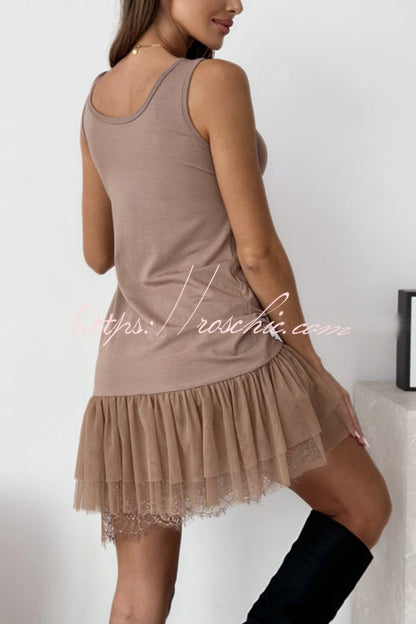 Breezy City Tulle Lace Tiered Hem Stretch Tank Mini Dress (Shipped Within 24 Hours)