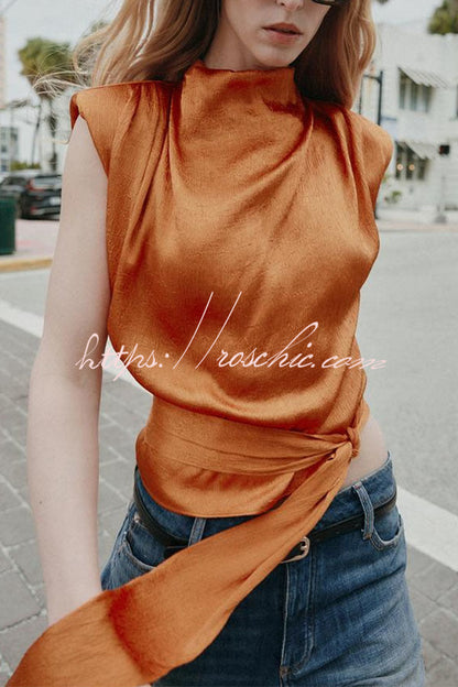 L'Aura Padded-Shoulder Wrap-Around Satin Top
