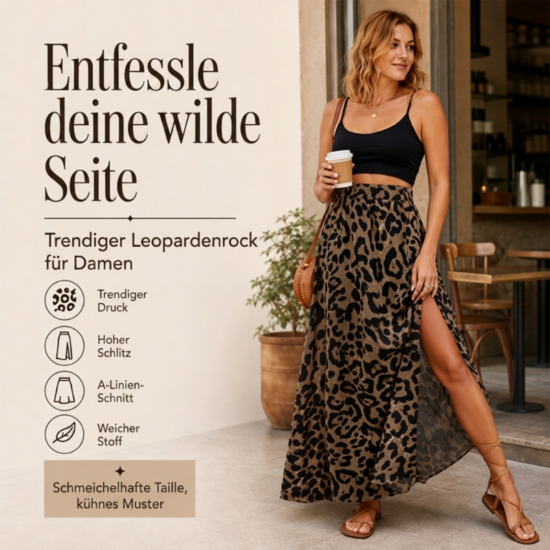 🌸 JETZT 50% RABATT! 🌸 Damen Maxirock mit Leopardenmuster und hohem Schlitz