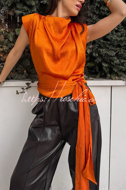 L'Aura Padded-Shoulder Wrap-Around Satin Top