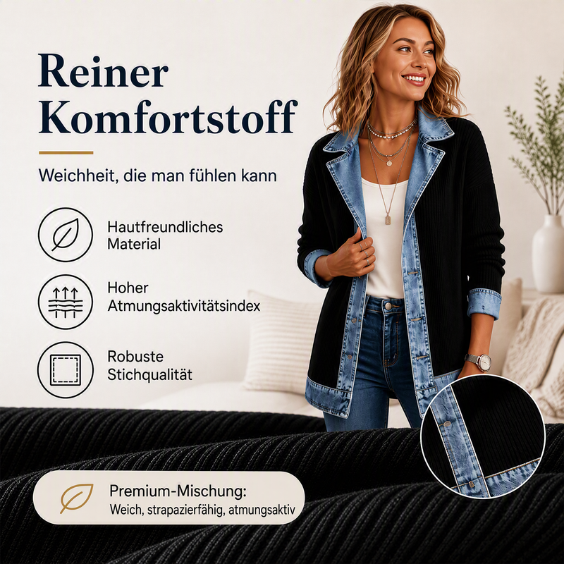 50% RABATT! ⭐ Eleganter Damenmantel aus Denim mit geripptem Strick-Einsatz
