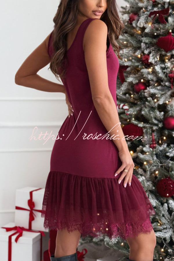Breezy City Tulle Lace Tiered Hem Stretch Tank Mini Dress (Shipped Within 24 Hours)