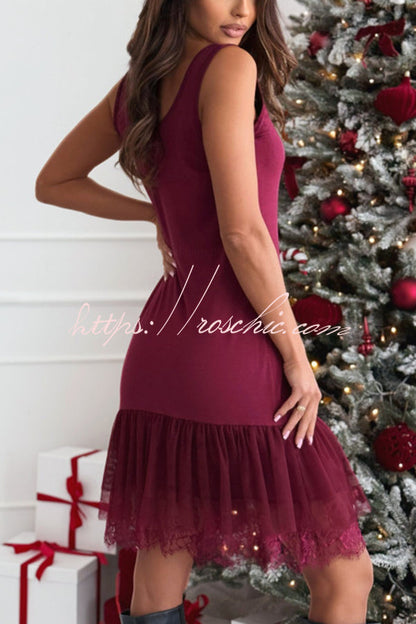 Breezy City Tulle Lace Tiered Hem Stretch Tank Mini Dress (Shipped Within 24 Hours)