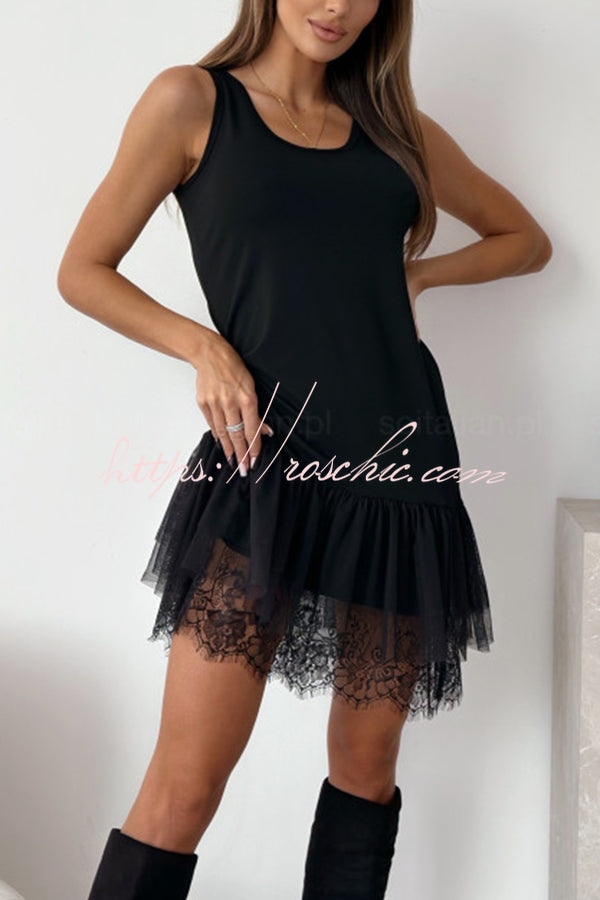 Breezy City Tulle Lace Tiered Hem Stretch Tank Mini Dress (Shipped Within 24 Hours)