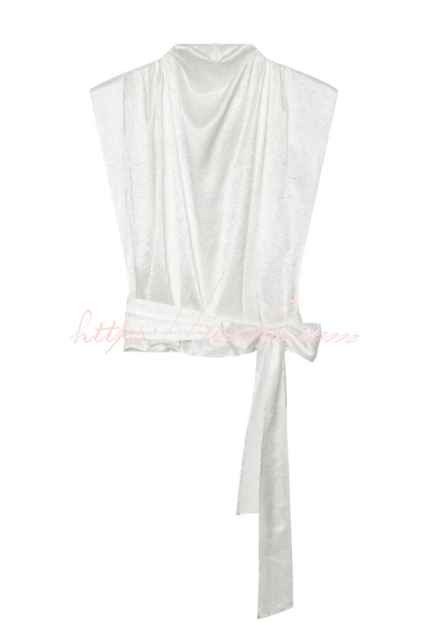 L'Aura Padded-Shoulder Wrap-Around Satin Top