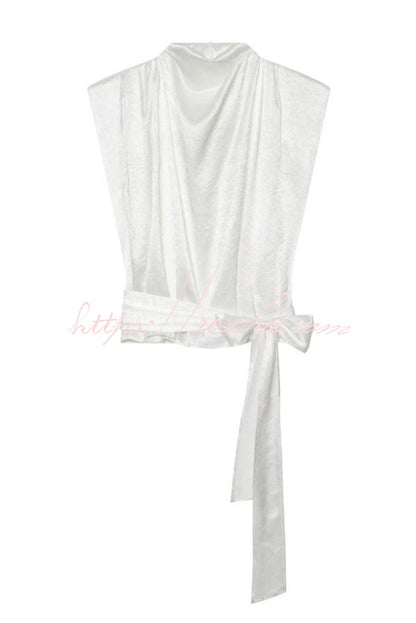 L'Aura Padded-Shoulder Wrap-Around Satin Top