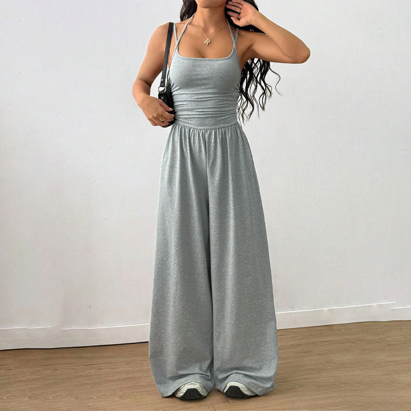 Backless Halter Ruched High Waist Wide Leg Jumpsuit