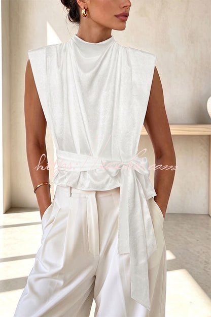 L'Aura Padded-Shoulder Wrap-Around Satin Top