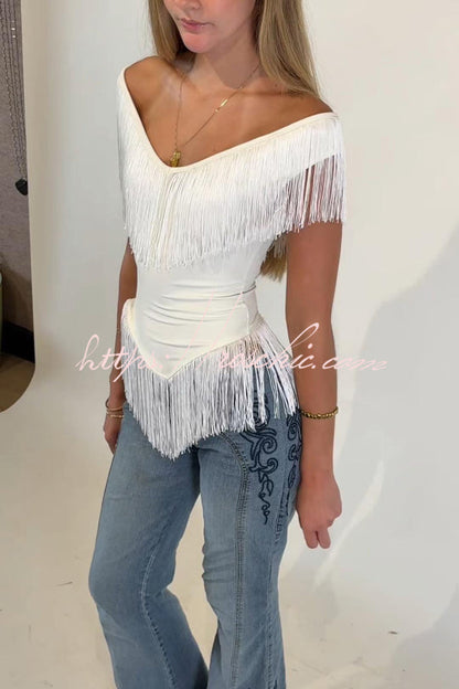Solid Color V-neck Off-shoulder Tassel Fitted Top