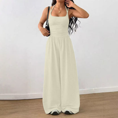 Backless Halter Ruched High Waist Wide Leg Jumpsuit