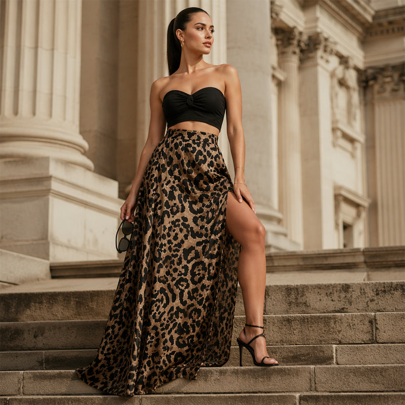 🌸 JETZT 50% RABATT! 🌸 Damen Maxirock mit Leopardenmuster und hohem Schlitz