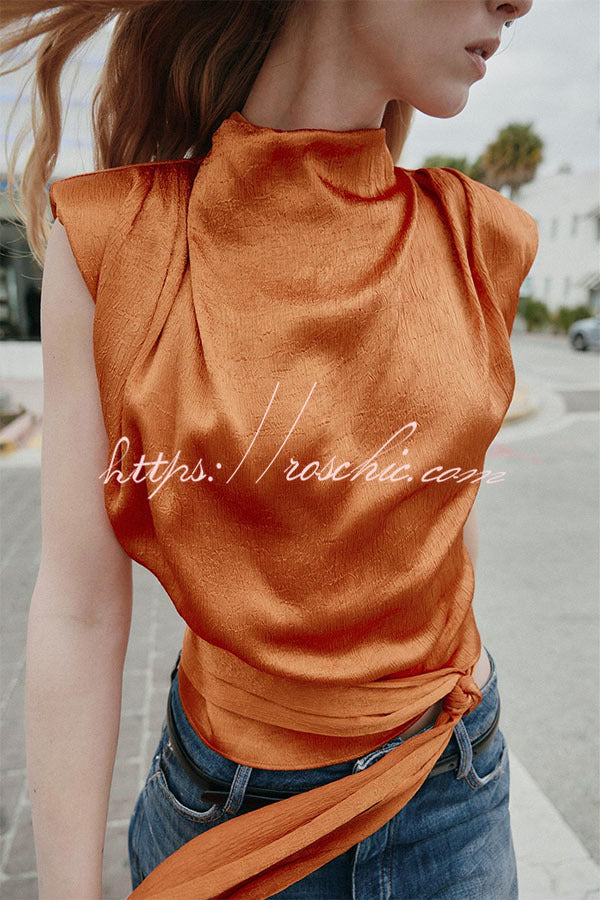 L'Aura Padded-Shoulder Wrap-Around Satin Top