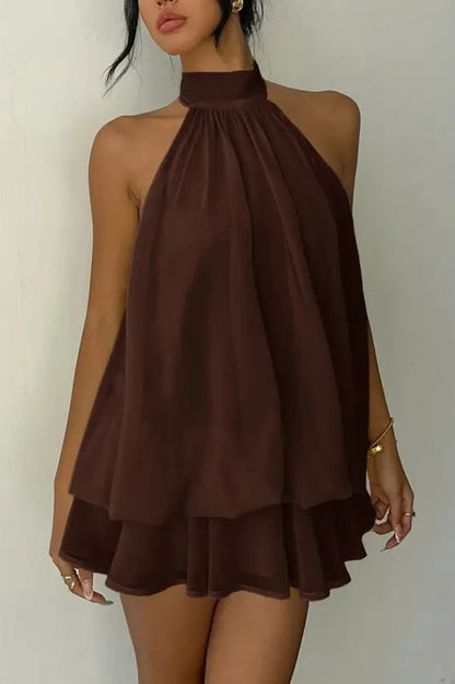 Fashionable Chiffon Halter Neck Backless Lace-up Casual Vacation Mini Dress