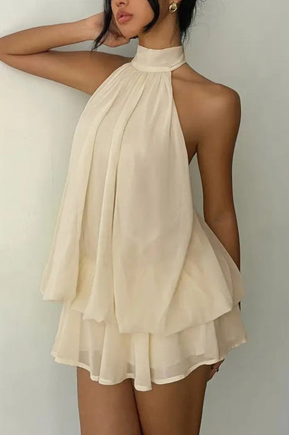 Fashionable Chiffon Halter Neck Backless Lace-up Casual Vacation Mini Dress