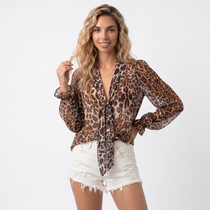 BERTA | BLUSA DE LEOPARDO CON LAZO AL CUELLO