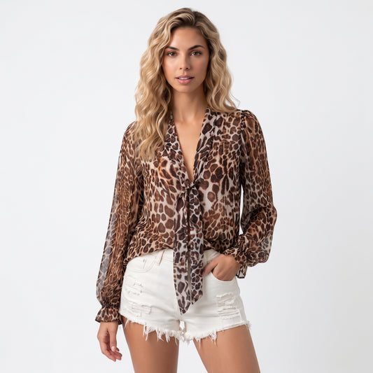 BERTA | BLUSA DE LEOPARDO CON LAZO AL CUELLO