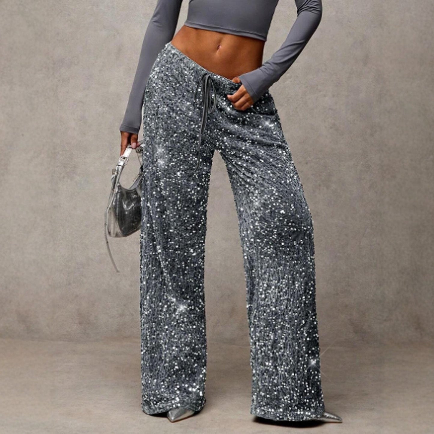💖LETZTER TAG IM ANGEBOT: 60 % RABATT🥰 Damenhose mit Paillettenmuster, weitem Bein und elastischem Bund