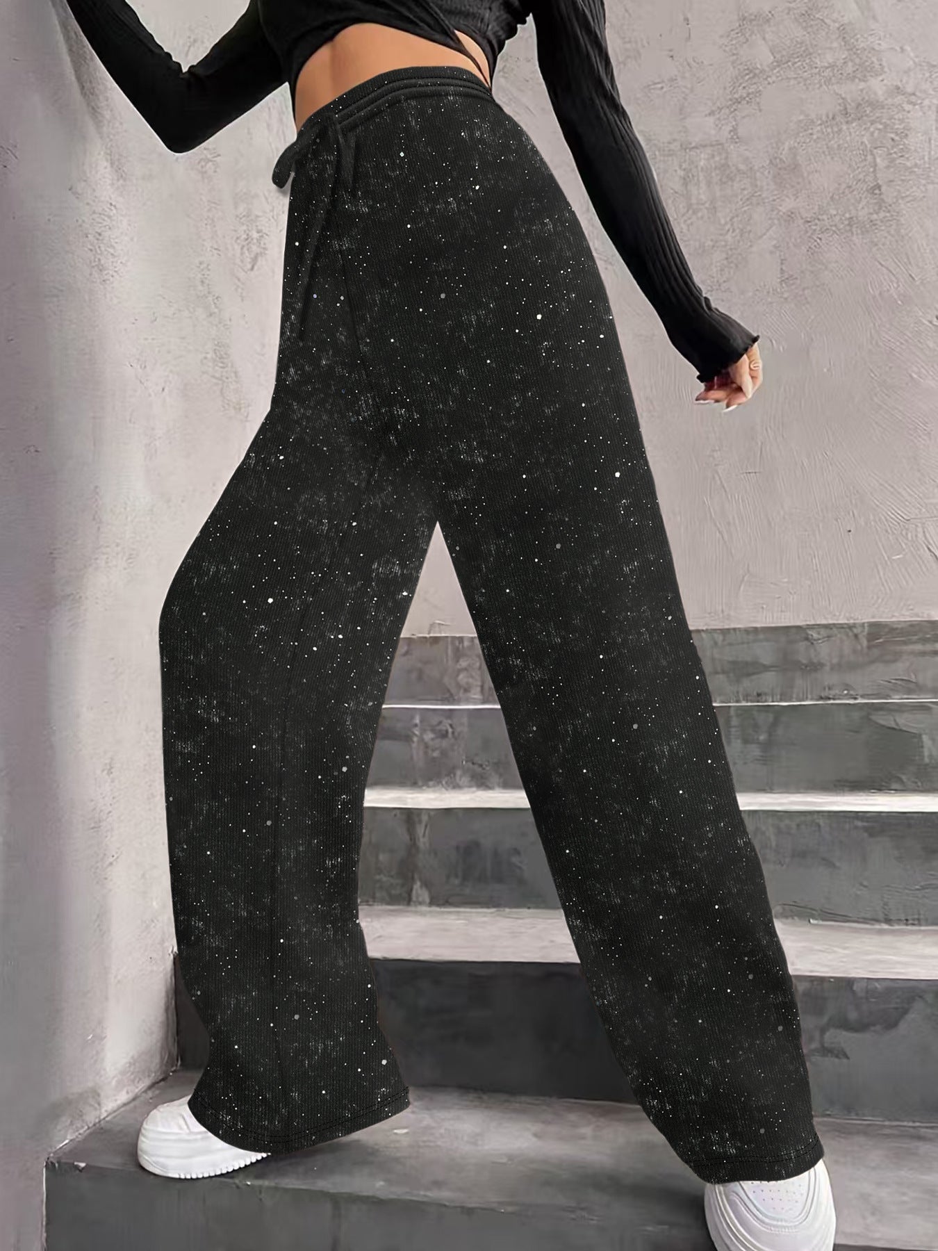 💖LETZTER TAG IM ANGEBOT: 60 % RABATT🥰 Damenhose mit Paillettenmuster, weitem Bein und elastischem Bund