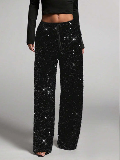 💖LETZTER TAG IM ANGEBOT: 60 % RABATT🥰 Damenhose mit Paillettenmuster, weitem Bein und elastischem Bund