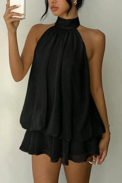 Fashionable Chiffon Halter Neck Backless Lace-up Casual Vacation Mini Dress