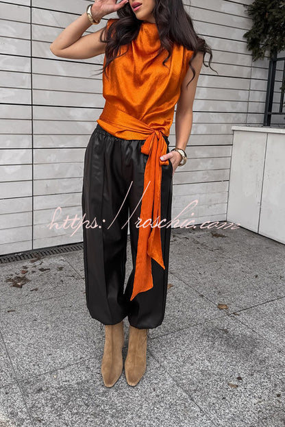 L'Aura Padded-Shoulder Wrap-Around Satin Top