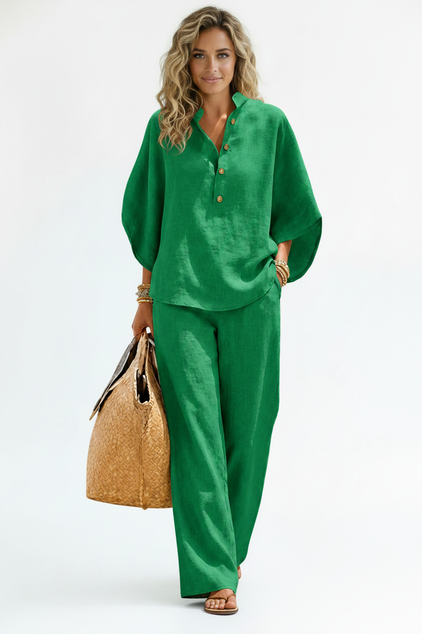 Conjunto Lino Verde Esmeralda - Modelo Ámbar