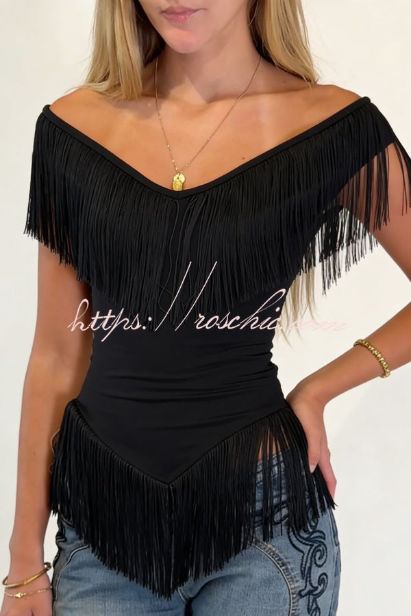 Solid Color V-neck Off-shoulder Tassel Fitted Top