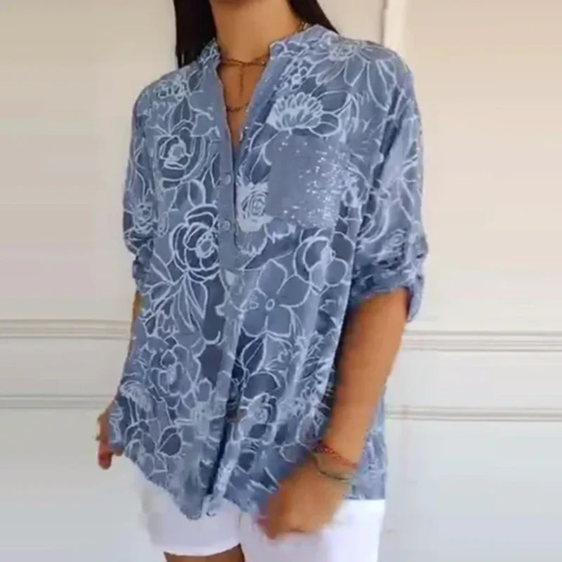 🌞 Frühlingsblüte: 50 % Rabatt! 🌸 Bohemian-Flair: Neue bedruckte Damenhemden mit glitzernden Pailletten und gerollten Ärmeln
