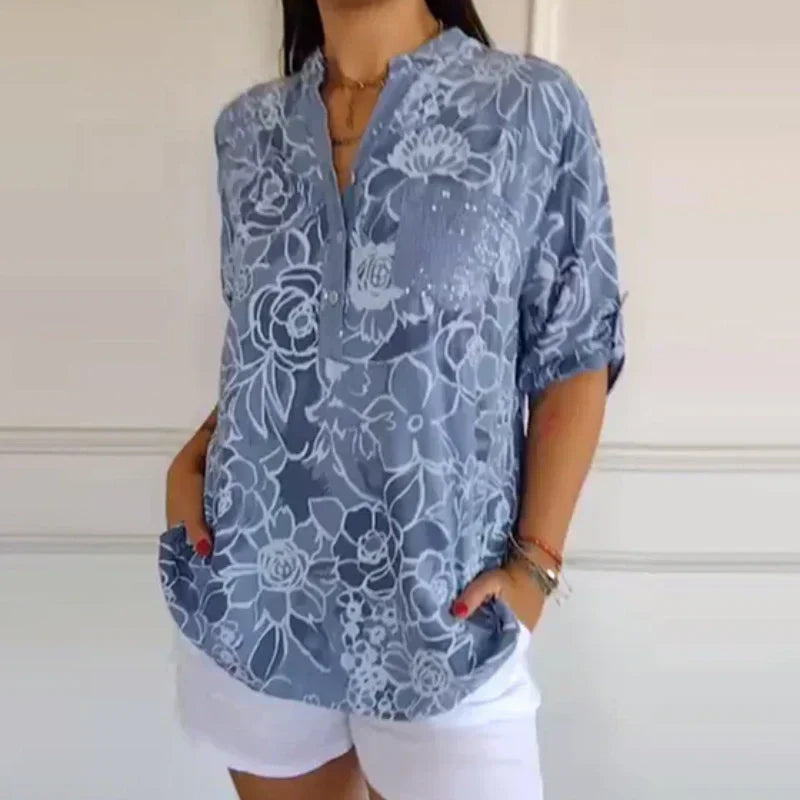 🌞 Frühlingsblüte: 50 % Rabatt! 🌸 Bohemian-Flair: Neue bedruckte Damenhemden mit glitzernden Pailletten und gerollten Ärmeln