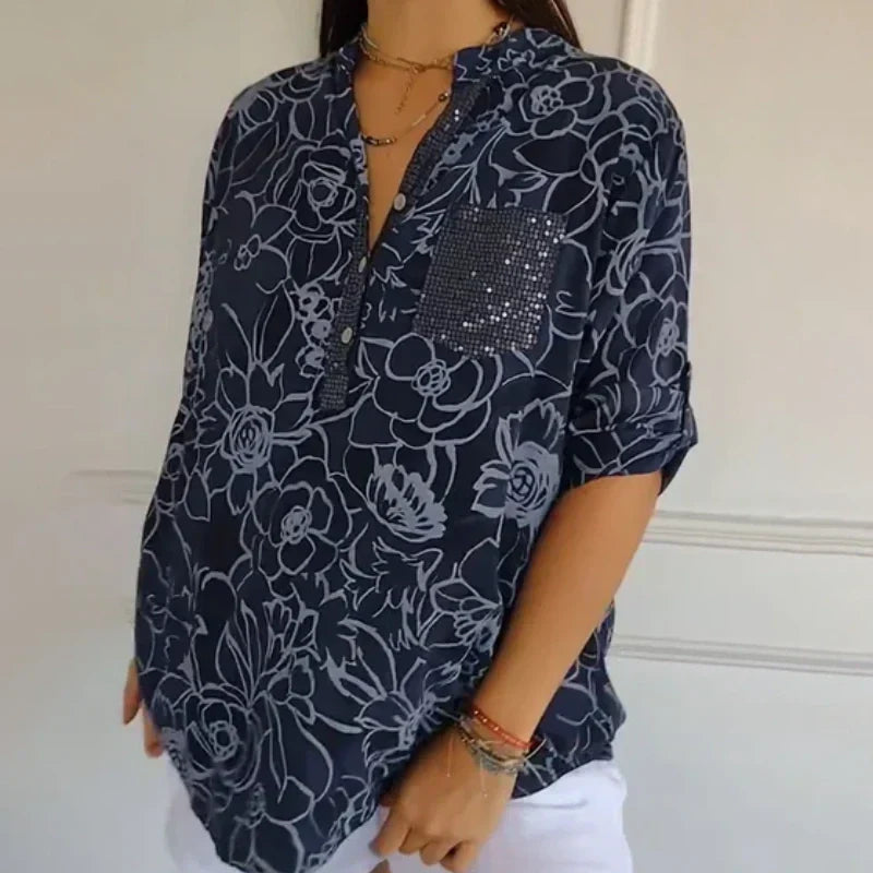 🌞 Frühlingsblüte: 50 % Rabatt! 🌸 Bohemian-Flair: Neue bedruckte Damenhemden mit glitzernden Pailletten und gerollten Ärmeln