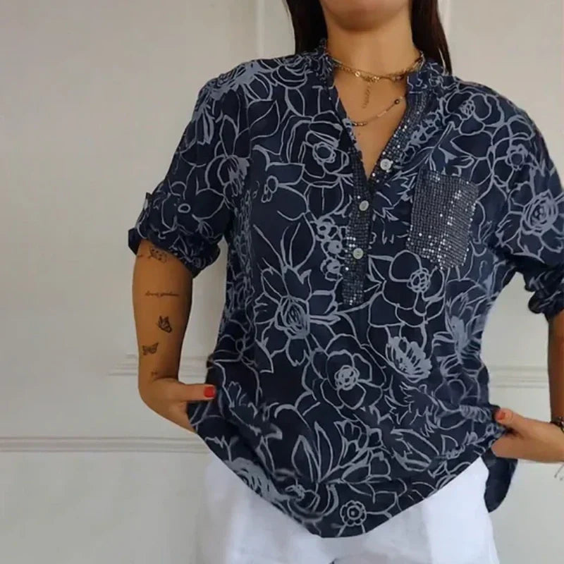 🌞 Frühlingsblüte: 50 % Rabatt! 🌸 Bohemian-Flair: Neue bedruckte Damenhemden mit glitzernden Pailletten und gerollten Ärmeln