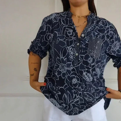 🌞 Frühlingsblüte: 50 % Rabatt! 🌸 Bohemian-Flair: Neue bedruckte Damenhemden mit glitzernden Pailletten und gerollten Ärmeln