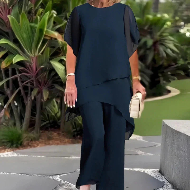 Damen-Zweiteiler: Charmantes asymmetrisches Top & Hose mit weitem Bein