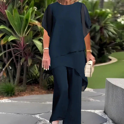 Damen-Zweiteiler: Charmantes asymmetrisches Top & Hose mit weitem Bein