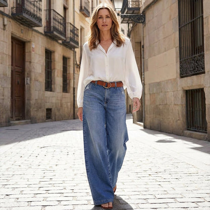 Damen-Vintage-Hochbund-Weitbeinjeans