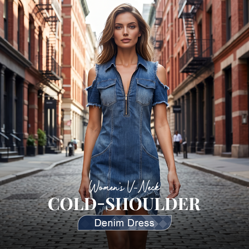 👖 NUR FÜR BEGRENZTE ZEIT: 50 % RABATT! ✨ Damen-Jeanskleid mit freien Schultern – V-Ausschnitt, fließend, Boho-Stil 🌼