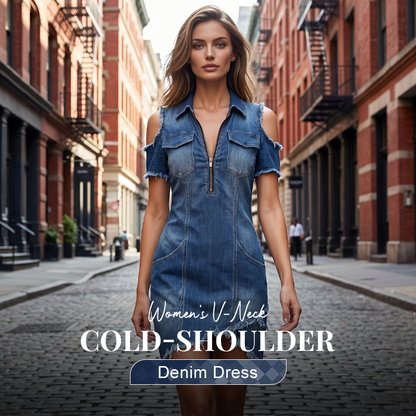 👖 NUR FÜR BEGRENZTE ZEIT: 50 % RABATT! ✨ Damen-Jeanskleid mit freien Schultern – V-Ausschnitt, fließend, Boho-Stil 🌼
