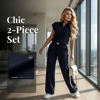 🔥👚 50% Rabatt! Damen Chic Zweiteiler-Set: Bequemes Polo-Top & Wide-Leg-Hose | Elegant für Jeden Tag & Jede Gelegenheit 🌸💨