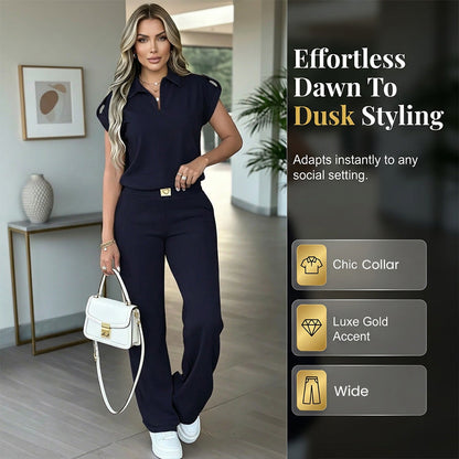 🔥👚 50% Rabatt! Damen Chic Zweiteiler-Set: Bequemes Polo-Top & Wide-Leg-Hose | Elegant für Jeden Tag & Jede Gelegenheit 🌸💨