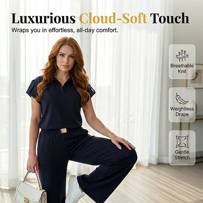🔥👚 50% Rabatt! Damen Chic Zweiteiler-Set: Bequemes Polo-Top & Wide-Leg-Hose | Elegant für Jeden Tag & Jede Gelegenheit 🌸💨