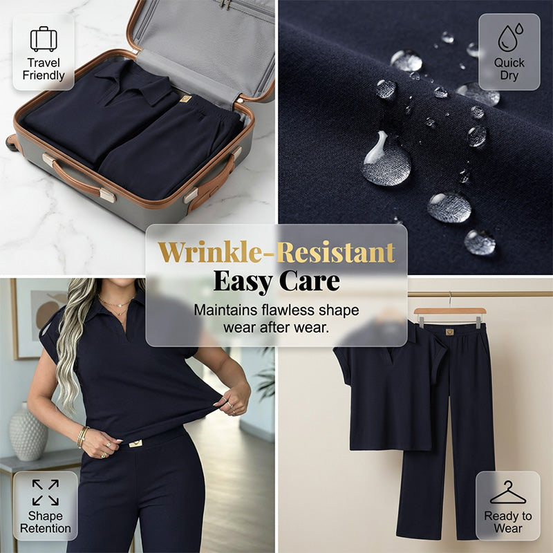 🔥👚 50% Rabatt! Damen Chic Zweiteiler-Set: Bequemes Polo-Top & Wide-Leg-Hose | Elegant für Jeden Tag & Jede Gelegenheit 🌸💨