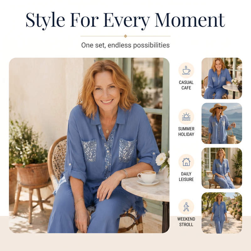 ✨Set aus Pailletten-Bluse und Hose mit weitem Bein für Damen