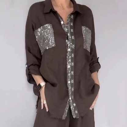 ✨Set aus Pailletten-Bluse und Hose mit weitem Bein für Damen