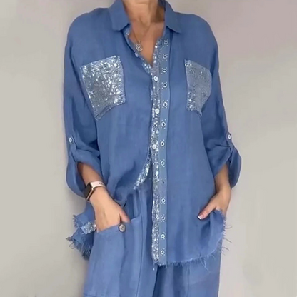✨Set aus Pailletten-Bluse und Hose mit weitem Bein für Damen